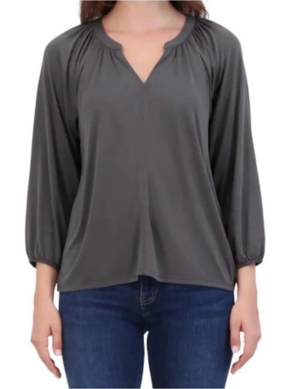 Lucky Brand Dark Gray Split V-Neck Gathered 3/4 Sleeve Blouse Size M
